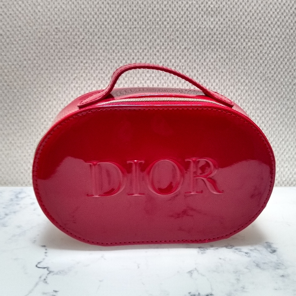 DIOR Beauty Red Patent Zipped Cosmetic Pouch w/Handle Mini Bag New No Tag